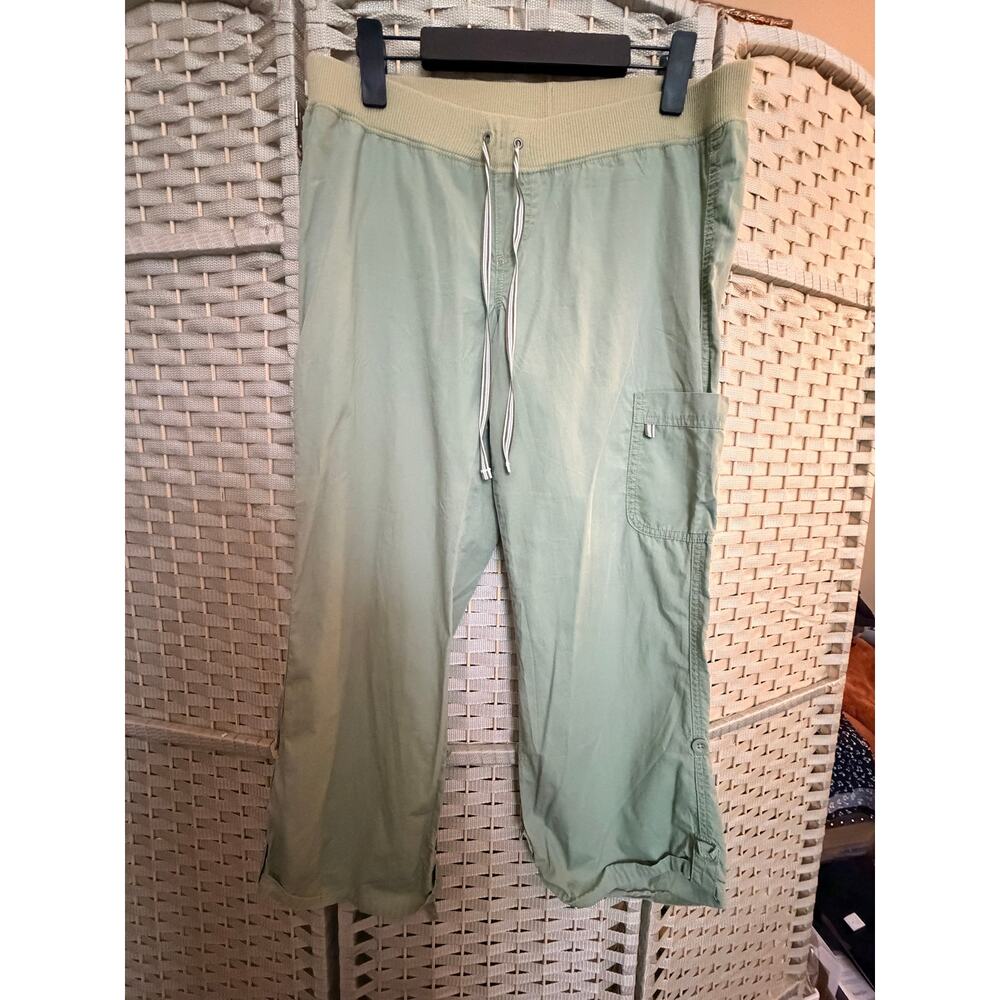 Women's Wide Ribbed Waistband Pants M Green Cargo Pockets Cropped Style